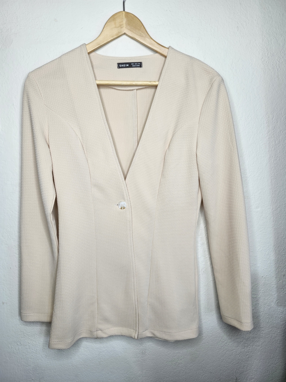 SHEIN Cream Textured V-Neck Single-Button Blazer